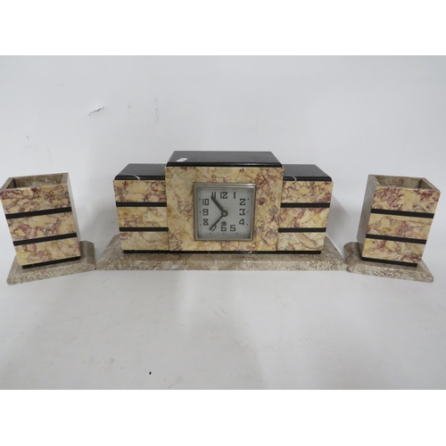 233 - French made art Deco Clock with heavy marble case and matching garnitures, Clock converted to Quartz... 