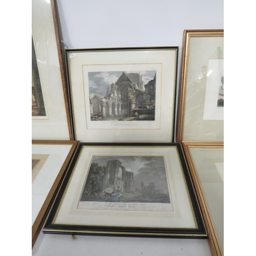 467 - 6 Framed prints of Cathedrals, Abby, Collage and Hunting.