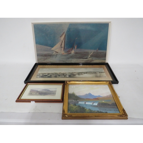 476 - Various framed art pictures including a Abstract print, vintage photo of a Nordic town, Oil on board... 