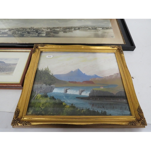 476 - Various framed art pictures including a Abstract print, vintage photo of a Nordic town, Oil on board... 