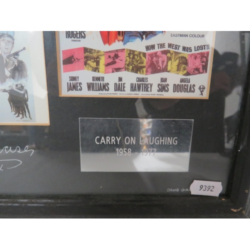 480 - Framed Selection of Carry on film Billboard post cards with the Signatures of Barbara Windsor and Li... 