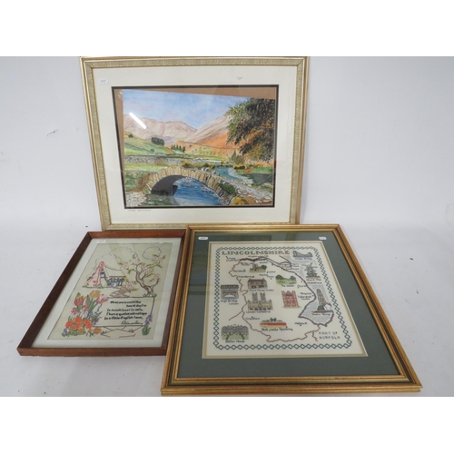 483 - Pastel of Wasdale in the lake district plus 2 framed embroided pictures one for Lincolnshire.