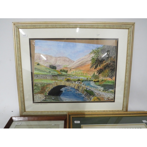 483 - Pastel of Wasdale in the lake district plus 2 framed embroided pictures one for Lincolnshire.