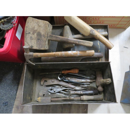 489 - Metal tool box with a selection of vintage tools.