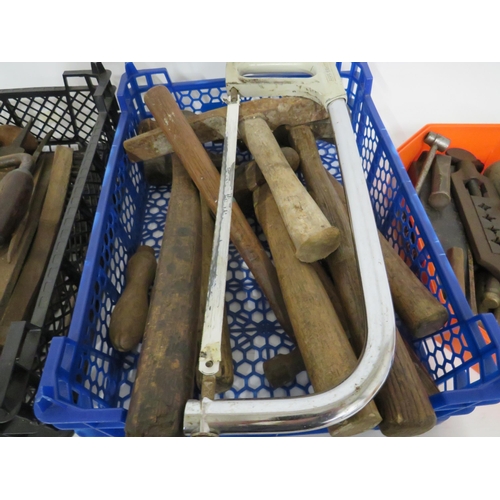 503 - Large selection of vintage wooden handled tools, screwdrivers, hammers etc.