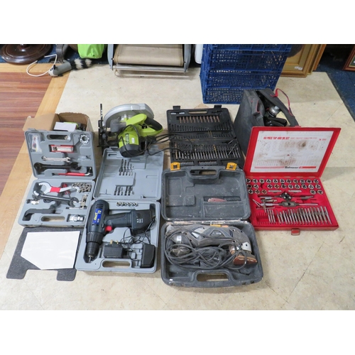 504 - Selection of various hand tools, Tap and dye set, bicycle repair kit, socket set etc.