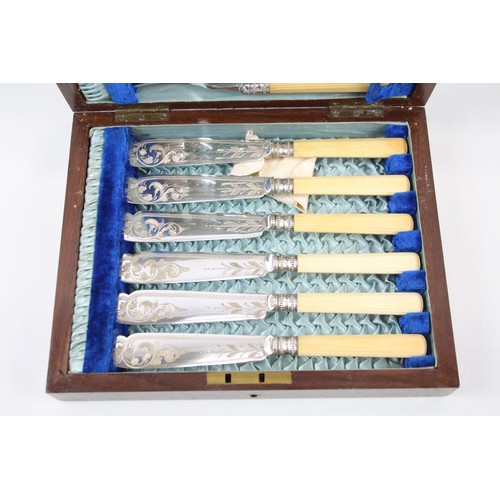 14 - Fish Cutlery Set Foliage Details 6 Piece Silver Plate w/ Wooden Canteen     486586