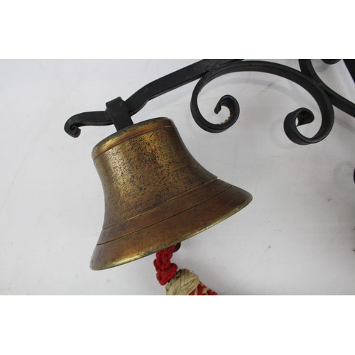 31 - Large Brass School Pub Church Bell Wrought Iron Wall Mounted Vintage Good Ring     550285