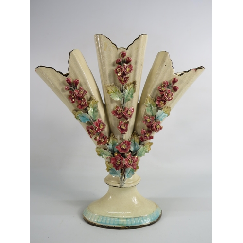 31 - Antique continetal ceramic triple vase with applied flowers to the front,  12