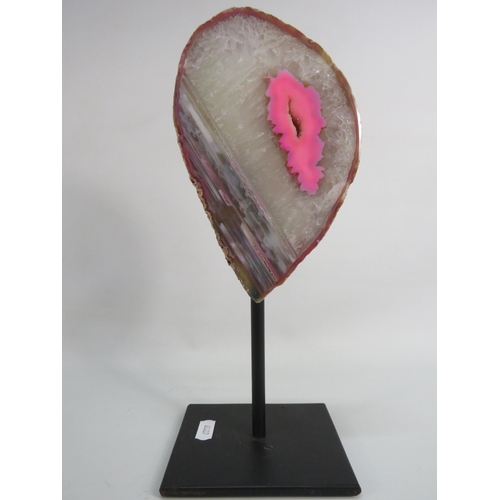 38 - Brazillian Pink agate slice on a metal stand, approx 12