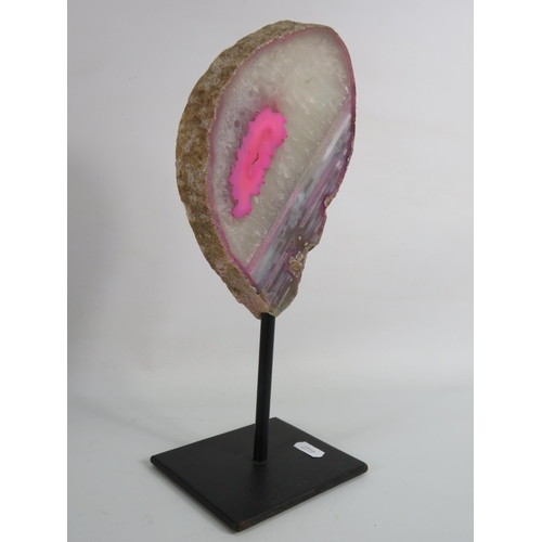 38 - Brazillian Pink agate slice on a metal stand, approx 12