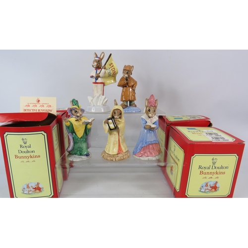 113 - Five Royal Doulton Bunnykins figurines with boxes.