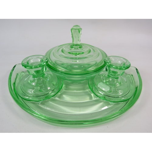 59 - Art deco uranium glass dessing table set (Tray measures 12.5