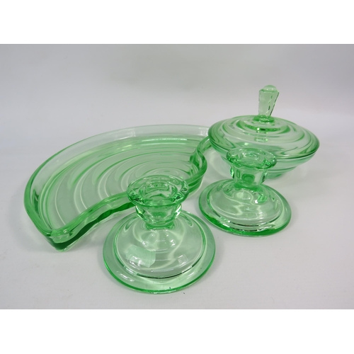 59 - Art deco uranium glass dessing table set (Tray measures 12.5