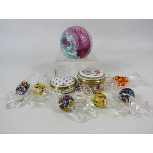 62 - Caithness Aries Paperweight, Six art glass sweets and Two ceramic pill boxes.