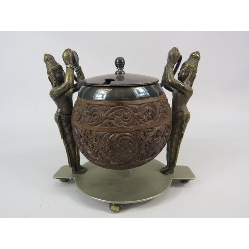 68 - P.Orr and Sons silver plated Indian tea caddy with carved wood bowl, and brass figurines. Approx 8.5... 