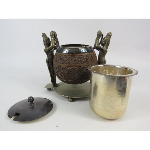 68 - P.Orr and Sons silver plated Indian tea caddy with carved wood bowl, and brass figurines. Approx 8.5... 