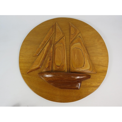 74 - Large teak Retro 3d wall plaque of a sailing boat, 18