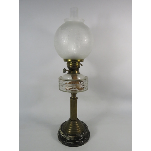 77 - Vintage Oil lamp with brass column, marble base, clear glass reserve and frosted glass globe shade. ... 