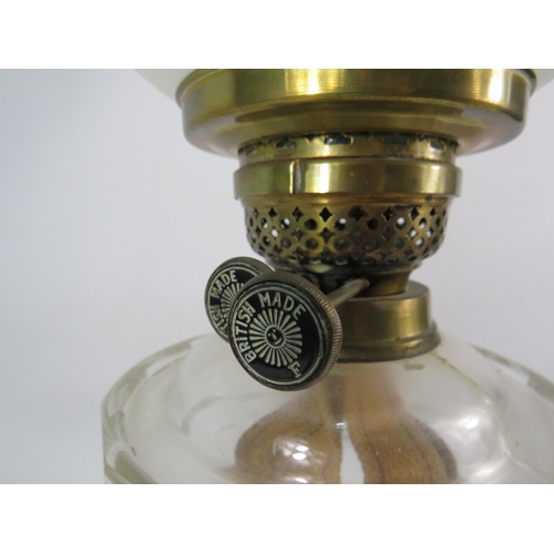 77 - Vintage Oil lamp with brass column, marble base, clear glass reserve and frosted glass globe shade. ... 