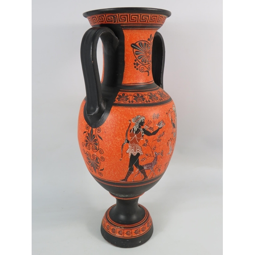 78 - Large bright orange terracotta twin handle Greek vase, 20 3/4