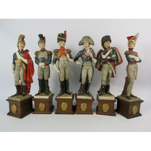 87 - Set of Six Italian Capodimonte Napoleonic Figurines standing on wooden plinths, approx 14 3/4