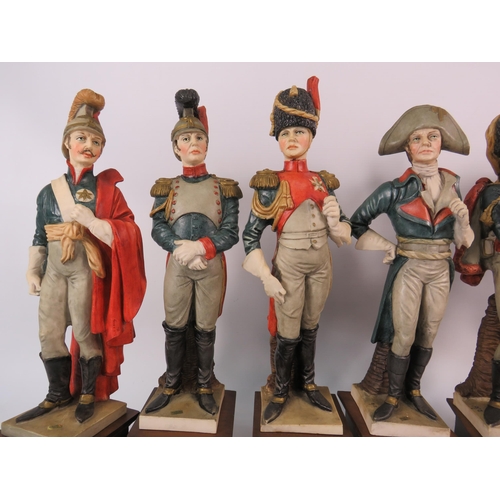 87 - Set of Six Italian Capodimonte Napoleonic Figurines standing on wooden plinths, approx 14 3/4