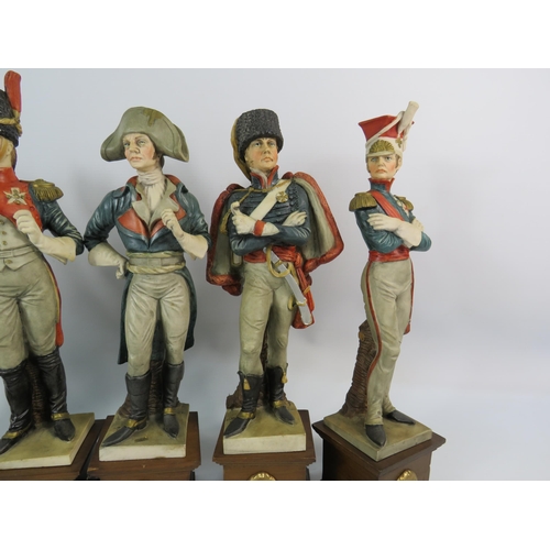 87 - Set of Six Italian Capodimonte Napoleonic Figurines standing on wooden plinths, approx 14 3/4