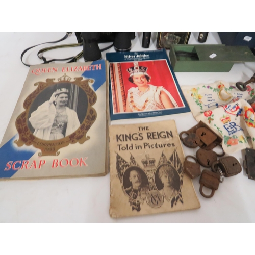 110 - Mixed lot to include 1953 Coronation Scrapbook, Old table mincer, Bargeware painted lamps etc.