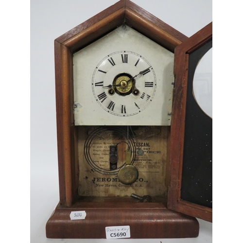 61 - Vintage Mantle Clock by Jerome & Co. Tuscan One Day Alarm. Running with key. 15 inches tall.