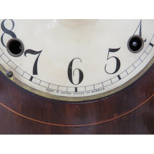 73 - American Made Mantle Clock with Wood case with inlaid decoration. Running order but no Key . Approx ... 