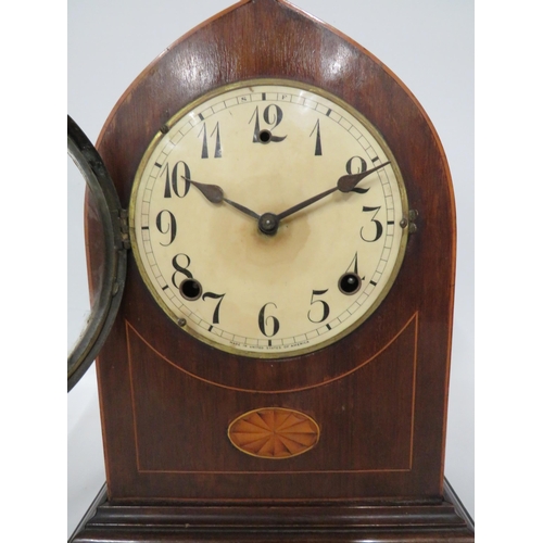 73 - American Made Mantle Clock with Wood case with inlaid decoration. Running order but no Key . Approx ... 