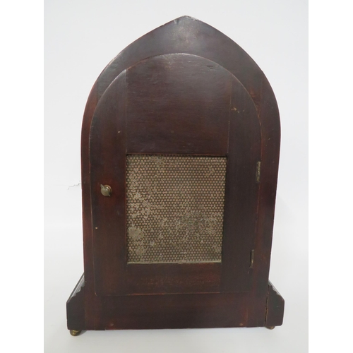 73 - American Made Mantle Clock with Wood case with inlaid decoration. Running order but no Key . Approx ... 