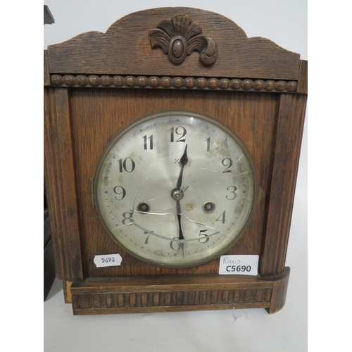 81 - Oak Cased Mantle Clock with Brass Dial, Needs pendulum & Key to run. 13 inches tall For Spares or re... 