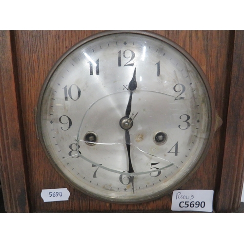 81 - Oak Cased Mantle Clock with Brass Dial, Needs pendulum & Key to run. 13 inches tall For Spares or re... 