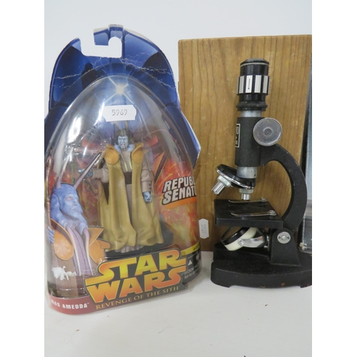 93 - Mixed lot to include a Hobby Microscope in wooden case plus Boxed and Unused Starwars figure, Scalex... 