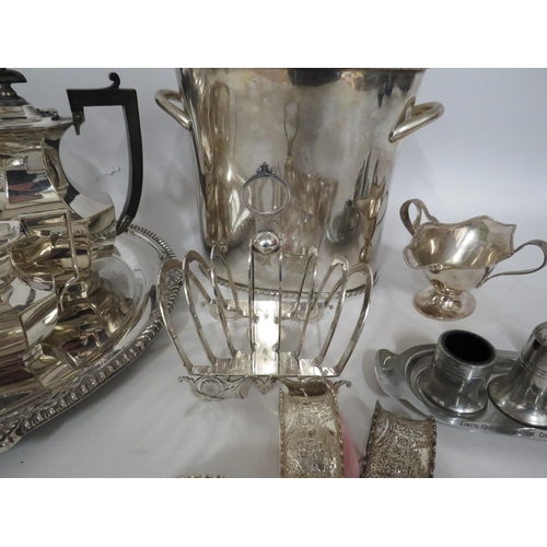 160 - Selection of silver plated items including a teaset and tray, wine cooler etc.