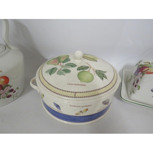 172 - Large fruit pattern teapot and cheese dish plus a Wedgwood lidded pot in the Sarahs garden pattern.