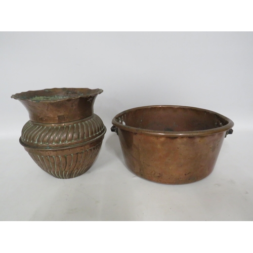 184 - Vintage copper pan and a planter vase.