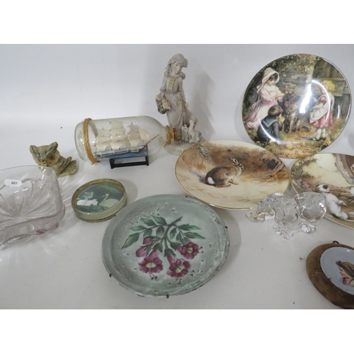 193 - Mixed lot to include ship in a bottle, crystal glass elephant, collectable plates etc.