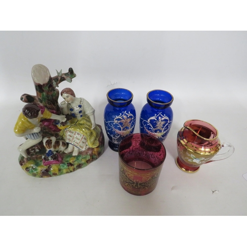 203 - Reproduction staffordshire figure and 4 pieces of Bohemian art glass.