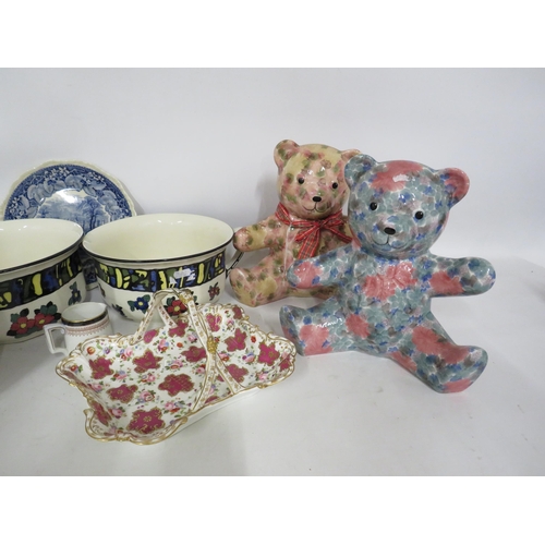 230 - Mixed lot to include Royal Doulton chamber pots, willow pattern storage jars, ceramic teddies etc.