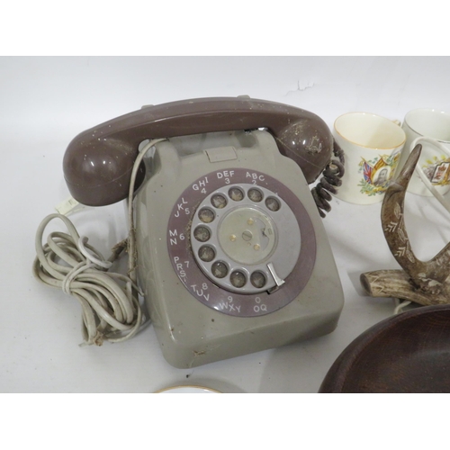 231 - Misc lot to include a vintage telephone, Goebel mini plates, woodenware etc.