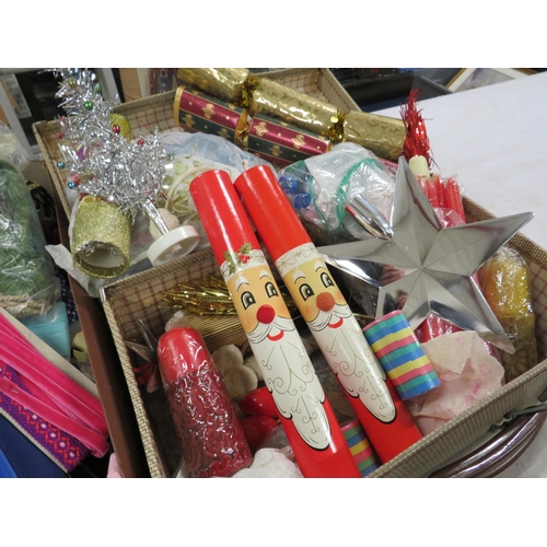 255 - Large lot of vintage ribbon and a vintage suitcase containing vintage christmas items.