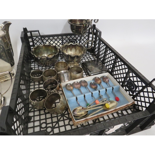 267 - Silverplated teaset, napkin rings, coffee bean spoons etc.