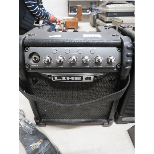 370 - Three Guitar Amplifiers by Yamaha, BB Blaster, Lion six. With foot pedals, guitar straps etc. see ph... 