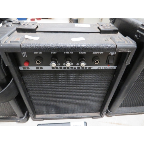 370 - Three Guitar Amplifiers by Yamaha, BB Blaster, Lion six. With foot pedals, guitar straps etc. see ph... 