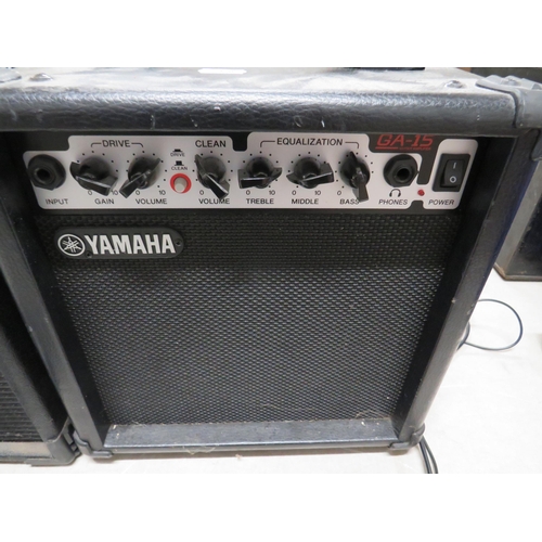 370 - Three Guitar Amplifiers by Yamaha, BB Blaster, Lion six. With foot pedals, guitar straps etc. see ph... 