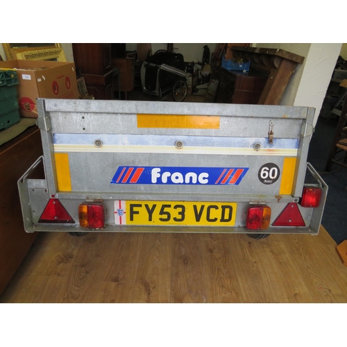 382 - Galvanised metal car trailer by Franc. Measures 51 x 41 x 14 inches (internal) Overall length inc dr... 