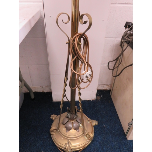 385 - Vintage Brass Standard lamp with Lion Paw Feet and decoration to base. Comes with fancy shade. Appro... 